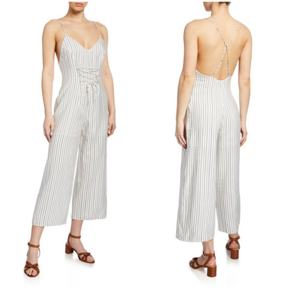 J. Brand Size XS Adeline Ivory Black Palazzo Romper Pinstripe Cropped Jumpsuit
